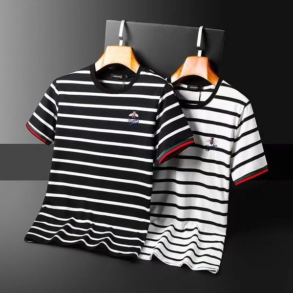 

european and american highgrade little bee embroidery short sleeve tshirt mens round neck large summer casual stripe 20622, White;black