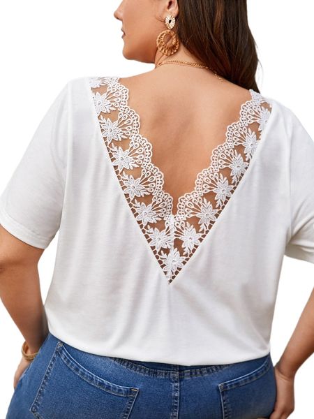 

plus floral embroidery mesh trim v neck tee v1wq#, Black