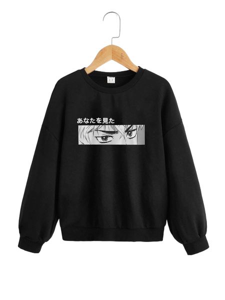 

girls figure & letter graphic drop shoulder pullover x0hv#, Black;white