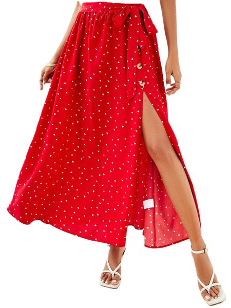 

confetti heart print split thigh fake button knot side skirt b9mq#, Black