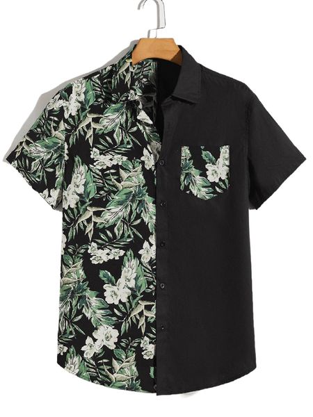 

men tropical print pocket patched shirt u79d#, White;black