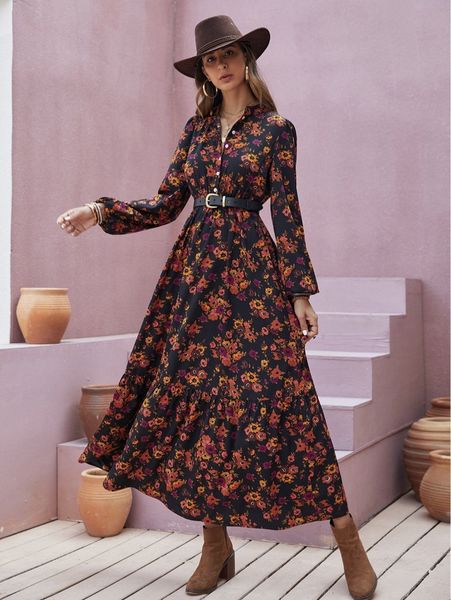 

floral print lantern sleeve ruffle hem shirt dress without belt l4wj#, Black;gray