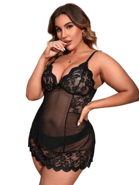 

plus floral lace contrast mesh slips with thong g8rx#, Black;white