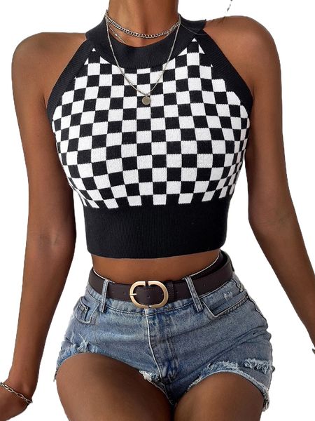 

checkerboard halter knit r3zr#, White;black