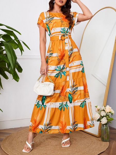 

tropical print ring belted ruffle hem dress 51pr#, Black;gray