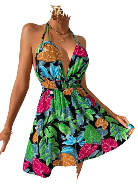 

tropical print backless halter dress 580i#, Black;gray