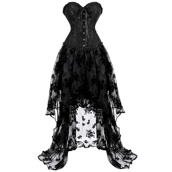 Bustier Corsetti per le donne Set di abiti da corsetto Tutu Pizzo Sexy Overbust Gothic Plus Size Costume da sposa Burlesque Victorian BlackBustiers