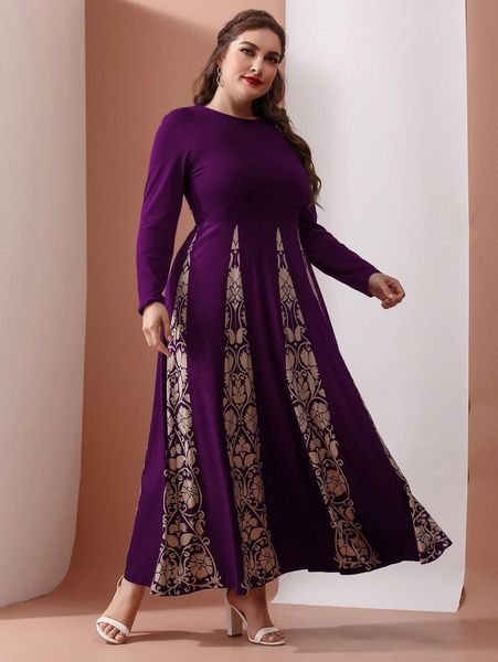 

plus scroll print a-line dress k2su#, Black