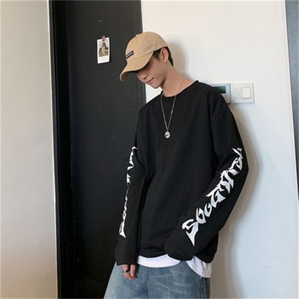 

autumn vintage letter print longsleeved tshirt mens loose casual 201116, White;black