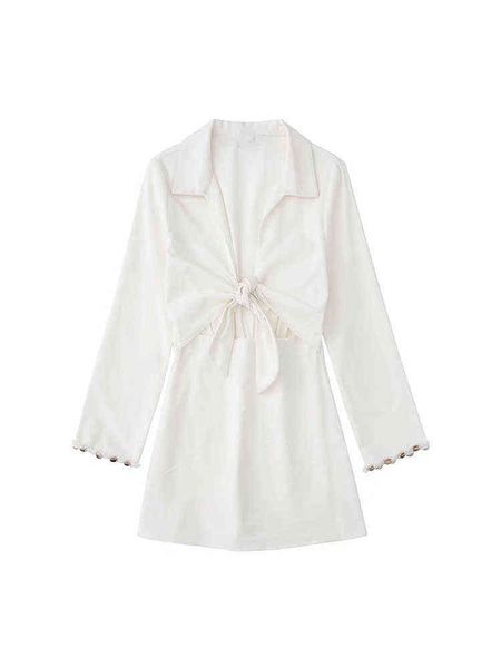 

2022 new women fashion cutout solid color dress casual long sleeve shell decoration knot lapel female mini dress l220714, Black;gray