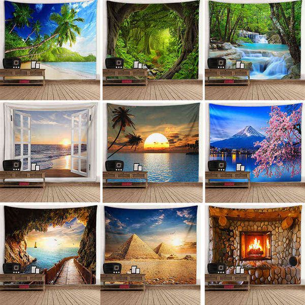 Fenster Landschaft Wandbild Teppich Wand Hintergrund Tuch Baum Loch Ofen Hängen Tuch Große Wand Teppich J220804