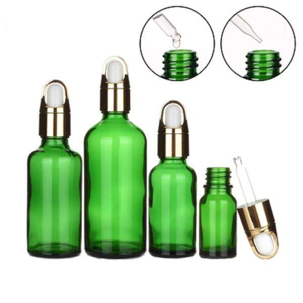 Imballaggio Bottiglia di vetro verde Cestino oro Coperchio a vite Fiale contagocce per olio essenziale superiore bianco Contenitore cosmetico portatile ricaricabile 5ML 10ML 15ML 20ML 30ML 50ML 100ML