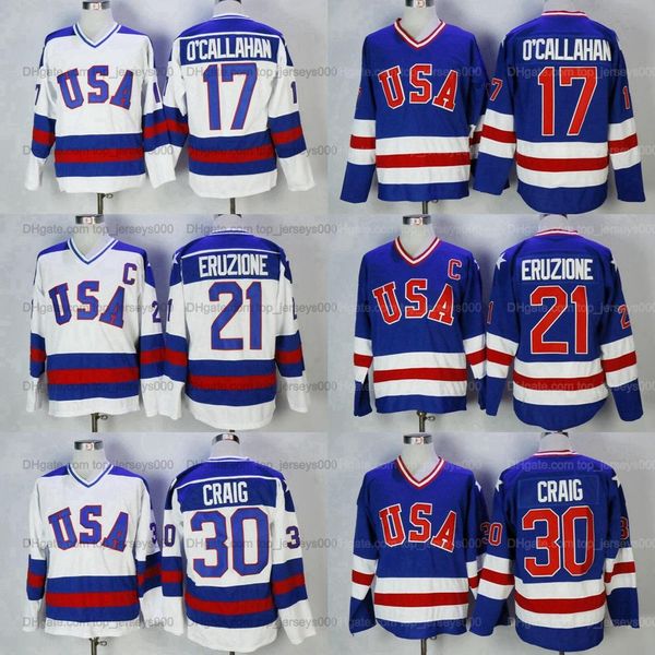 

mike eruzione #21 1980 miracle on ice team usa hockey jersey jim craig #30 jack o'callahan #17 movie jerseys stitched white blue qualit, Black;red