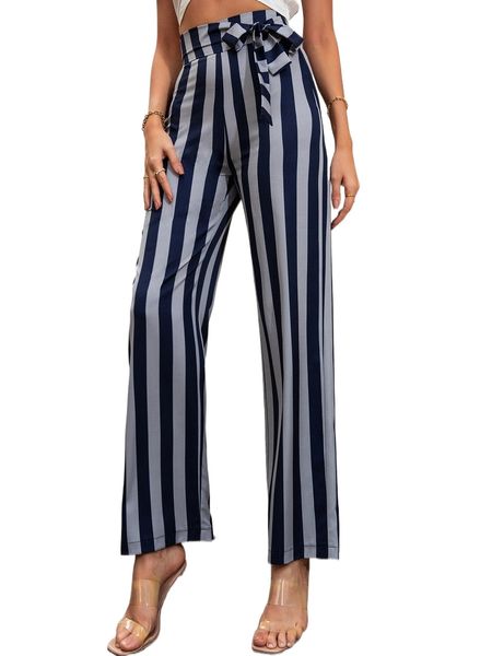 

high waist vertical stripe belted pants 92vg#, Black;white