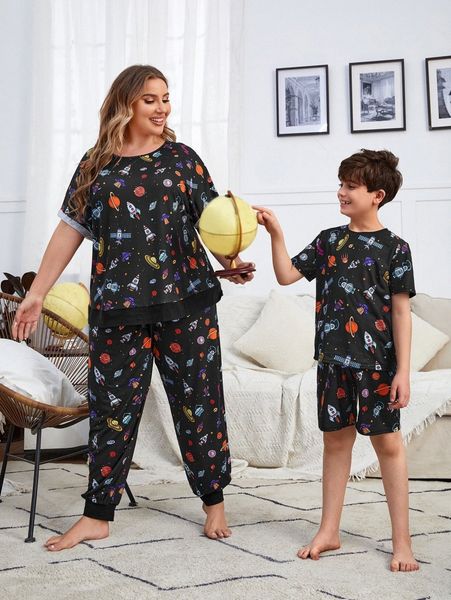 

plus 1pc planet & rocket print tee & 1pc pants pj set w7sn#, Black;white