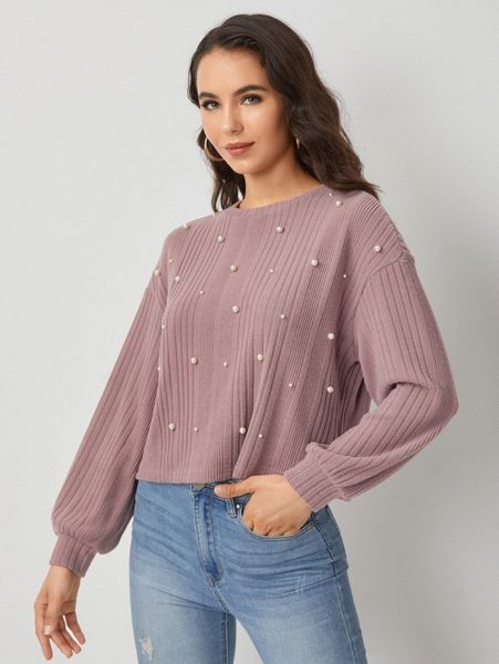 

pearls detail rib knit tee 27sm#, White