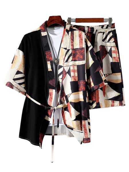 

men geo print knot front kimono & pants without tee l5to#, Gray