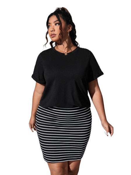 

plus round neck tee & striped skirt 75mw#, Black