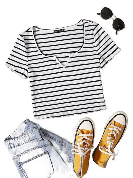 

plus notch neck lettuce trim tee o2yy#, Black