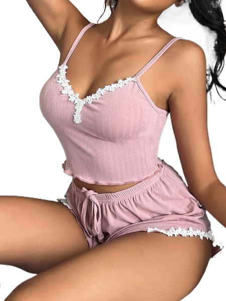 

appliques lettuce trim tie waist pj set j32y#, Black;red
