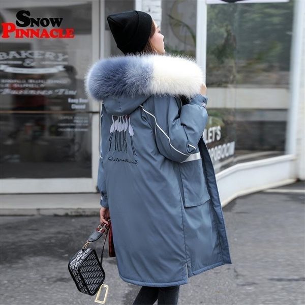 

women long parkascoat winter thicken warm big fur collar hooded parkas jackets embroidery long padded jackets -30degrees outwear 201126, Black
