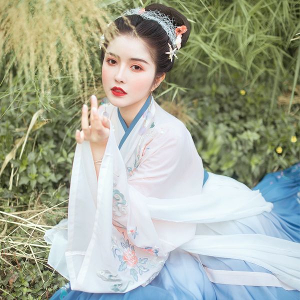 

ins mirror flower edge han elements original authentic cross collar hanfu wide sleeve digital printing 6  swing waist-high dress, Black;gray