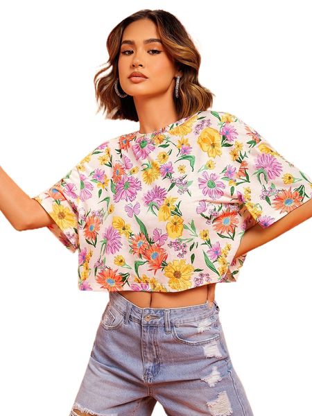 

floral print drop shoulder tee a8yd#, White