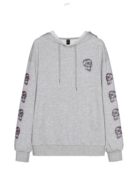 

x suzettevidaartworks skull print drawstring drop shoulder hoodie w4l5#, Black
