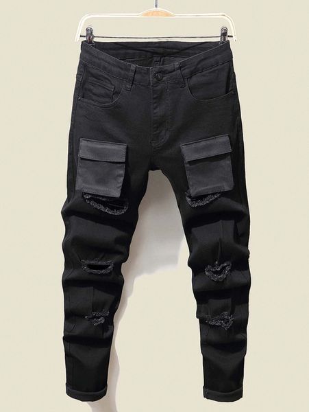 

men flap pocket ripped cargo jeans g0eu#, Blue