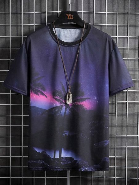 

men palm tree print contrast trim tee x6sm#, White;black