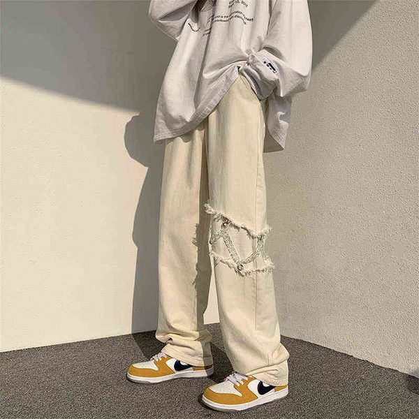 

men jeans wide-leg straight oversize 3xl hole ripped street-wear all-match denim trousers mens loose casual fashion harajuku new t220726, Blue