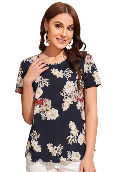 

floral print scallop trim blouse o4ya#, White