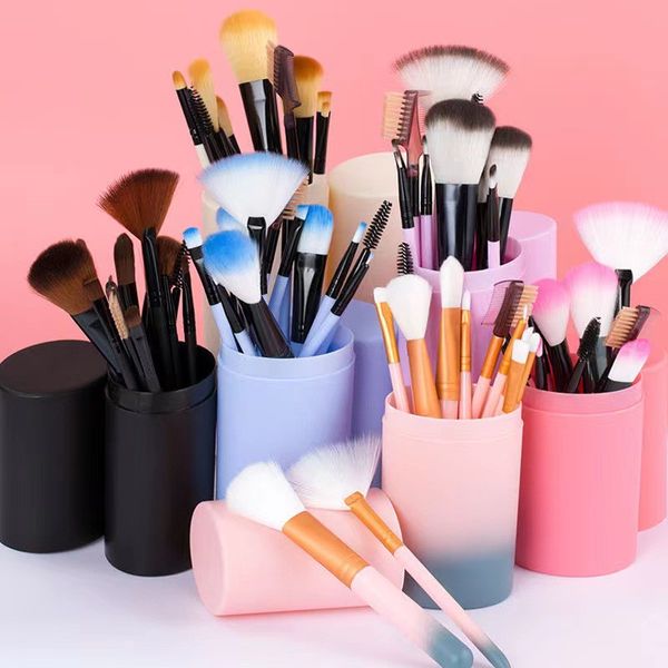 Einfarbige 12-teilige Pinsel, tragbarer Make-up-Pinsel, runder Stifthalter, kosmetisches Werkzeug, PU-Leder, Becherbehälter