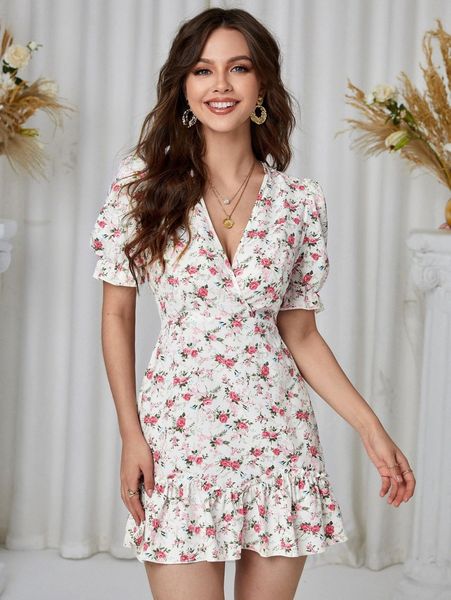 

allover floral print tie back ruffle hem dress x3rs#, Black;gray