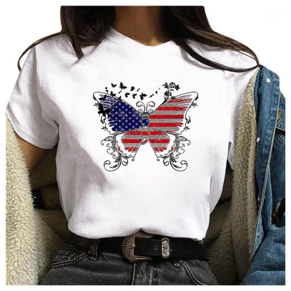 American Flag Womens camisetas Dia da Independência Listras Patrióticas Estrela Borboleta O Pescoço Manga Curta Tops Roupas Feminina Roupas T-S