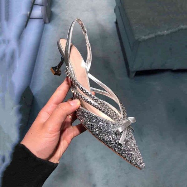 

sandals miu crystal shoes french thin heel sandals women's pointed baotou high heels sequin wedding shoes e0p1, Black