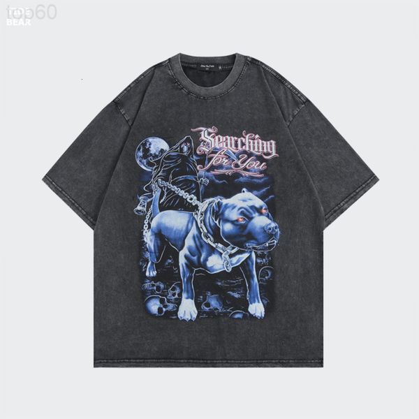 

men's t-shirts designer meichao loose casual short sleeved t-shirt washing old print pug high street round neck t-shirt men hk94, White;black