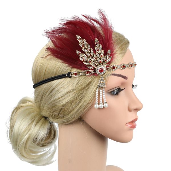 

1920s flapper headband bridal feather headpiece roaring 20s great gatsby inspired leaf medallion pearl headband women wedding hair accessori, Silver