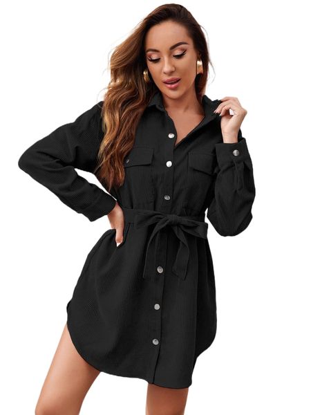 

single breasted flap pocket belted cord dress u3nm#, Black;gray