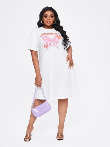 

sxy plus butterfly & letter graphic tee dress r52c#, Black