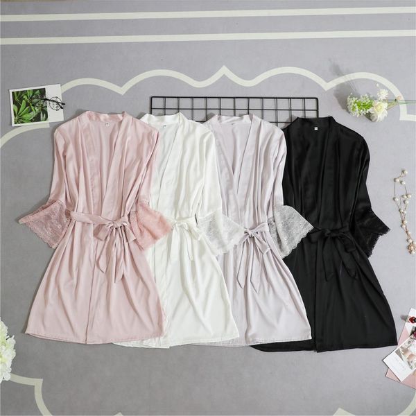 

women silk satin short night womens sleepwear robe solid kimono lace trim bathrobe peignoir bride bridesmaid fashion dressing gown, Black;red