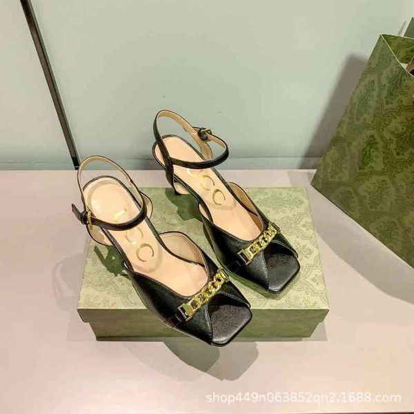 

sandals g family french kitten heel spring and summer metal chain square head fashion women's shoes t953, Black