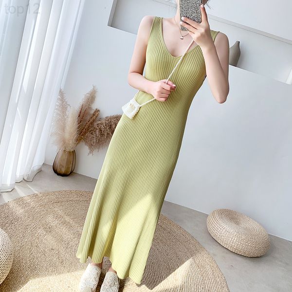 

designer designer2022 new summer ice silk knitted suspender dress women's spring and autumn thin style with medium long sleeveless vest, Black;gray