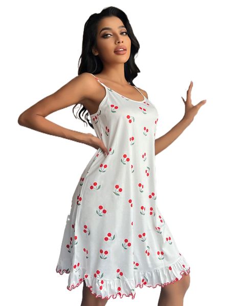 

cherry print ruffle hem cami night dress x0fh#, Black;red