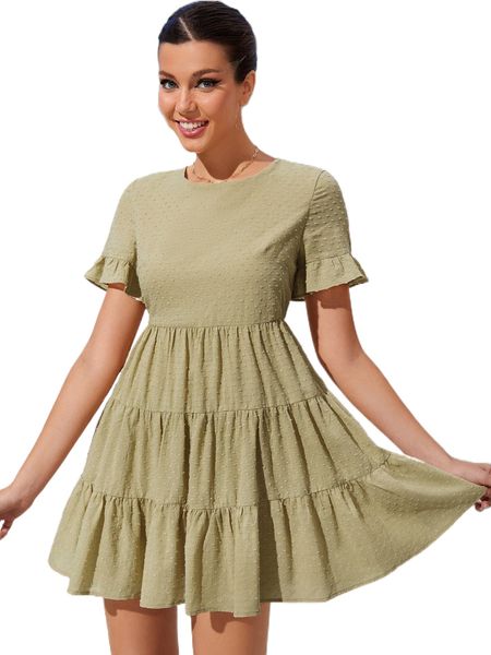 

swiss dot flounce sleeve ruffle hem dress e9ns#, Black;gray