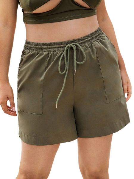 

plus slant pocket drawstring waist shorts l3cg#, Black