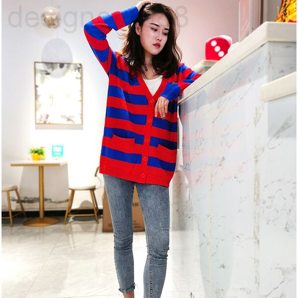 

casual dresses designer 2021 autumn red and blue color matching striped little bear jacquard v-neck wool knitted cardigan women's long, Black;gray