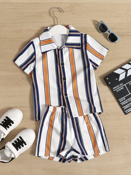 

toddler boys block striped shirt & shorts she04, White