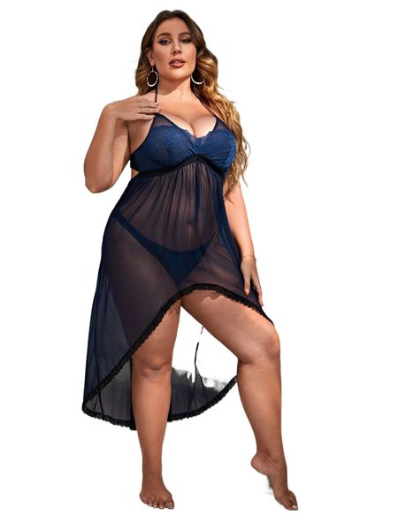 

plus contrast lace cut-out mesh babydoll with thong p2qt#, Black;white