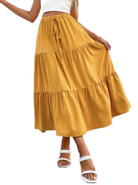 

drawstring waist ruffle hem skirt i5ks#, Black